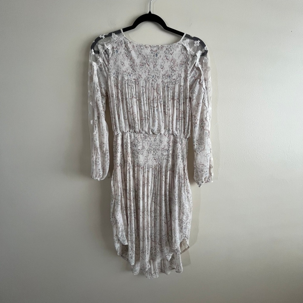 Free People Cream Floral Smocked Boho Mini Dress Lace Sleeve Prairie XS